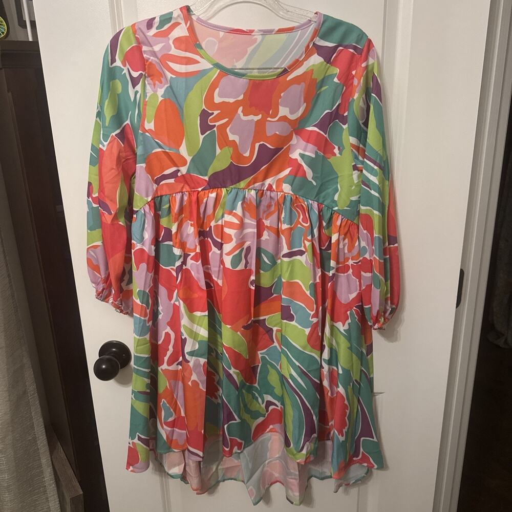 Women’s Vibrant Floral 3/4 Sleeve High Low Shift Dress Size S